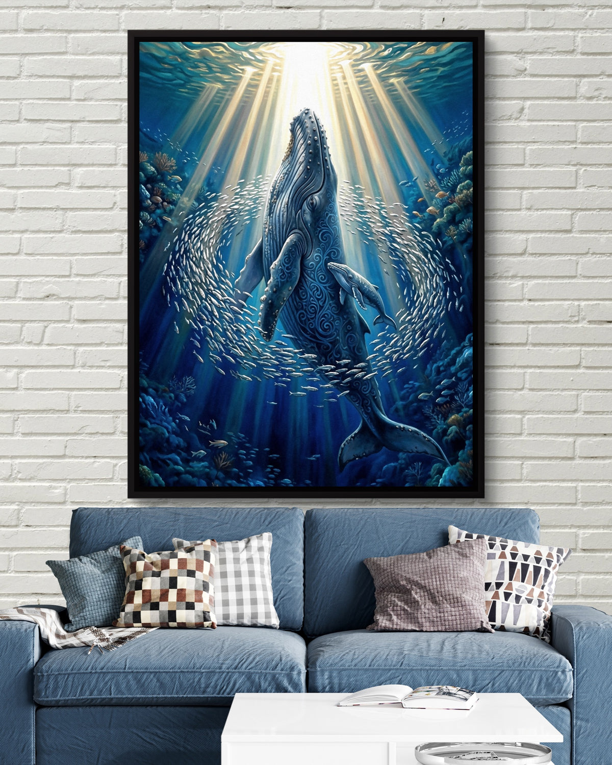 Whales Sunlit Depths — whales sunlit depths psd white bricks blue couch 1port framed black
