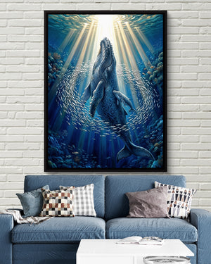 Whales Sunlit Depths — whales sunlit depths psd white bricks blue couch 1port framed black