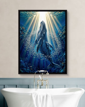 Whales Sunlit Depths — whales sunlit depths psd white wall green bath 1port framed black