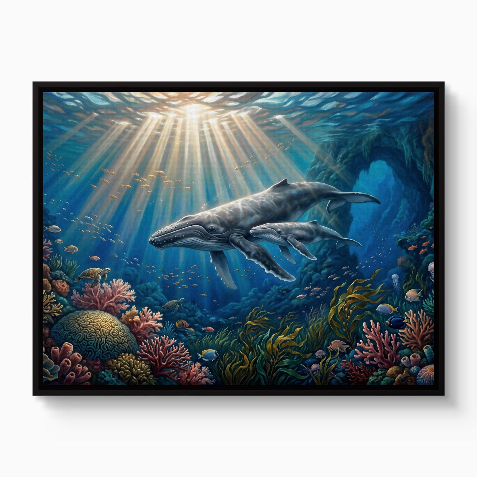 Whales Sunlit Reef — whales sunlit reef white studio framed black