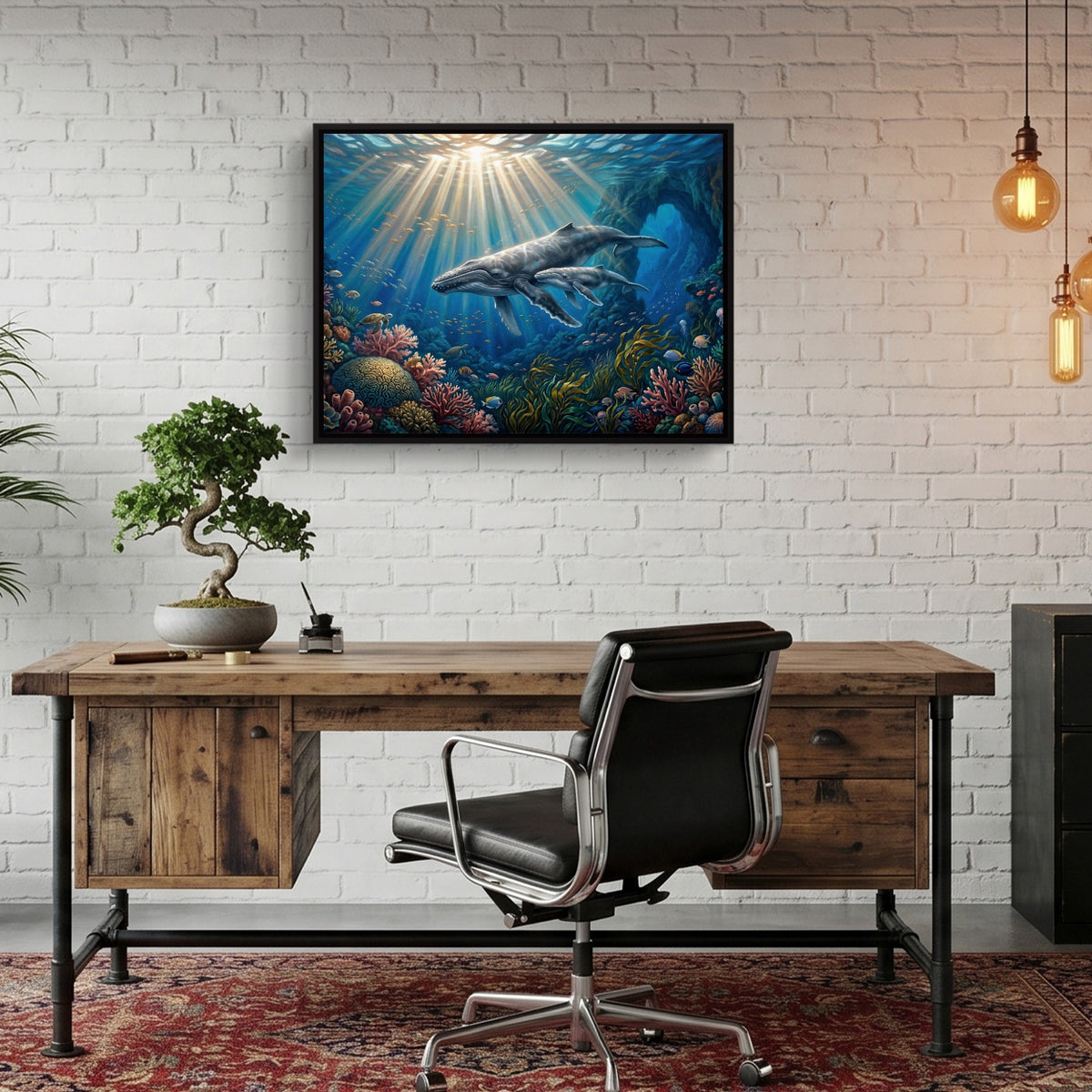 Whales Sunlit Reef — whales sunlit reef sq bonsai office 1land framed black