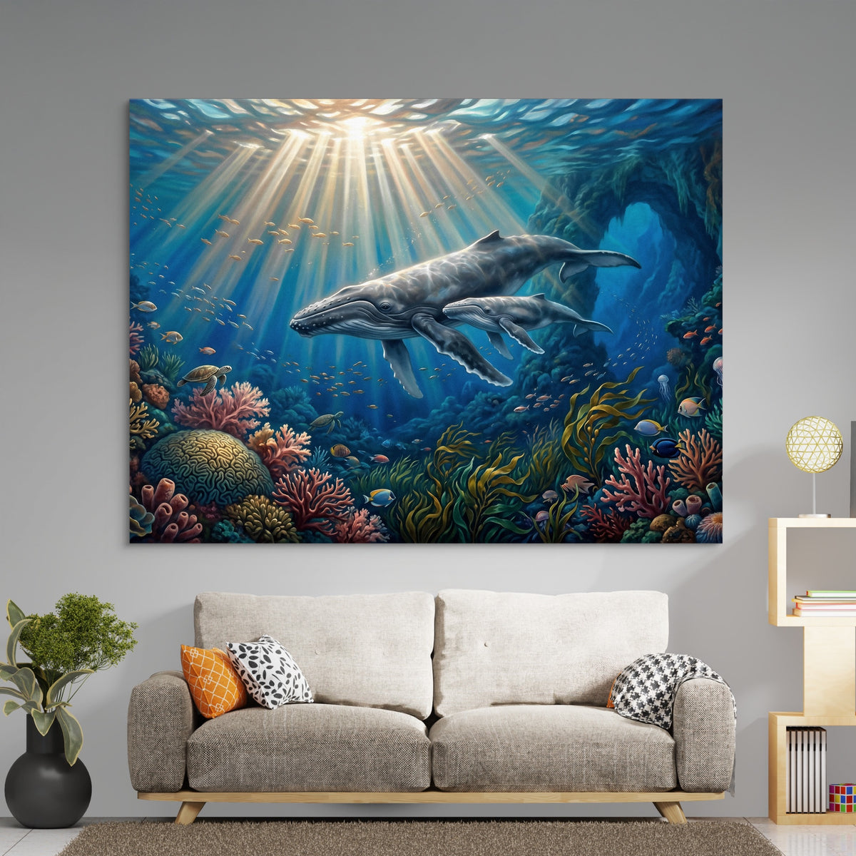 Whales Sunlit Reef — whales sunlit reef sq boring room 1land flush print