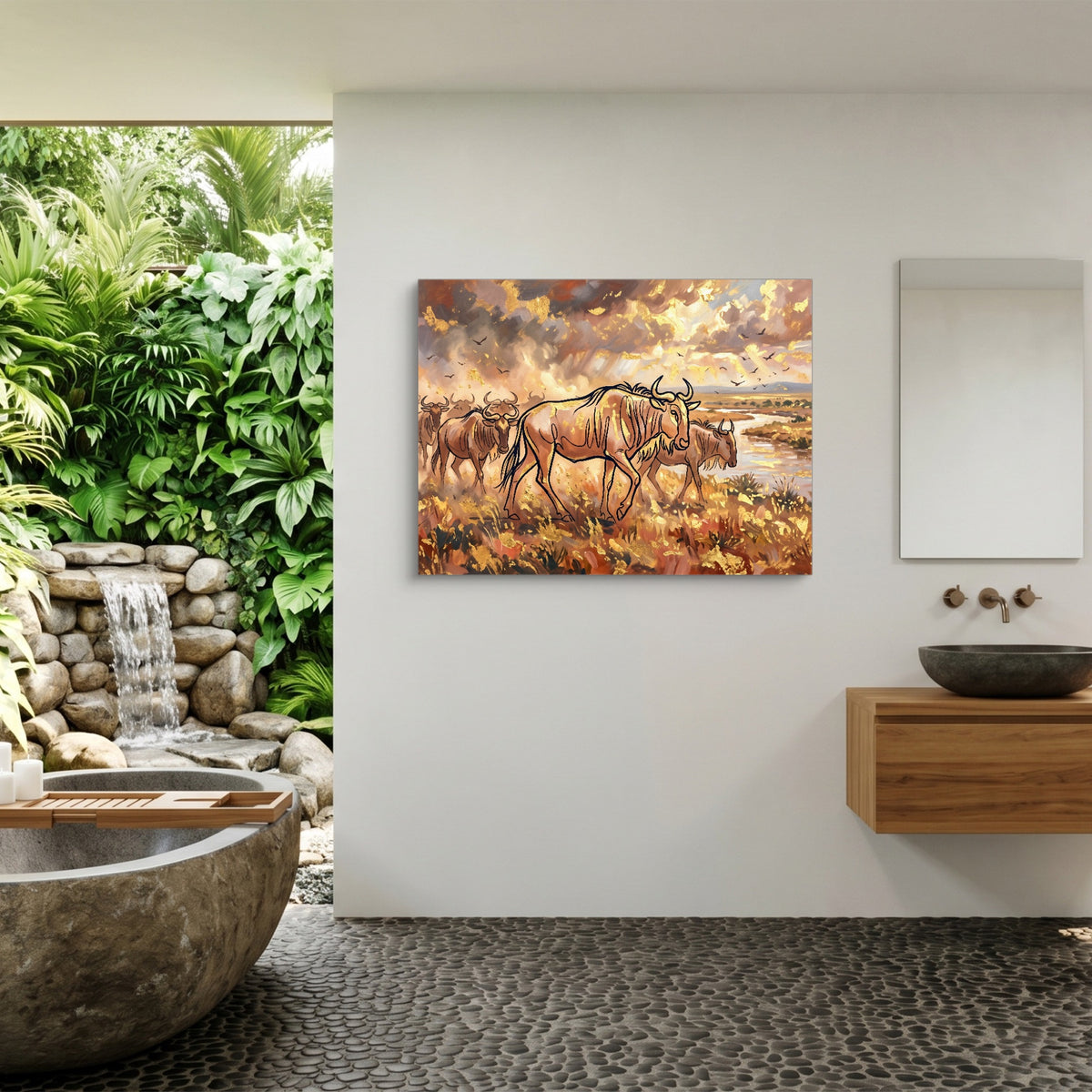 Wildebeest Golden Herd — wildebeest golden herd sq outdoor bathroom 1land flush print