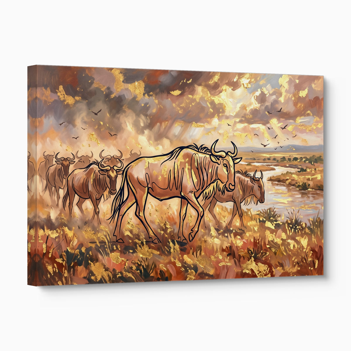 Wildebeest Golden Herd — wildebeest golden herd angled flush print