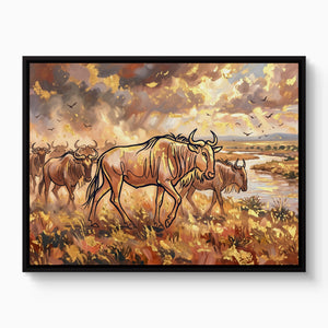 Wildebeest Golden Herd — wildebeest golden herd white studio framed black