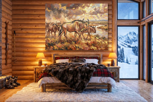 Wildebeest Golden Herd — wildebeest golden herd bedroom with fireplace 1land flush print