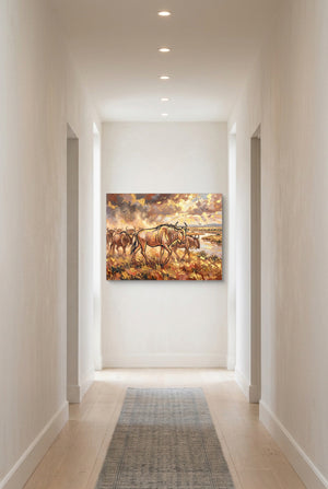 Wildebeest Golden Herd — wildebeest golden herd p long hallway with carpet 1land flush print