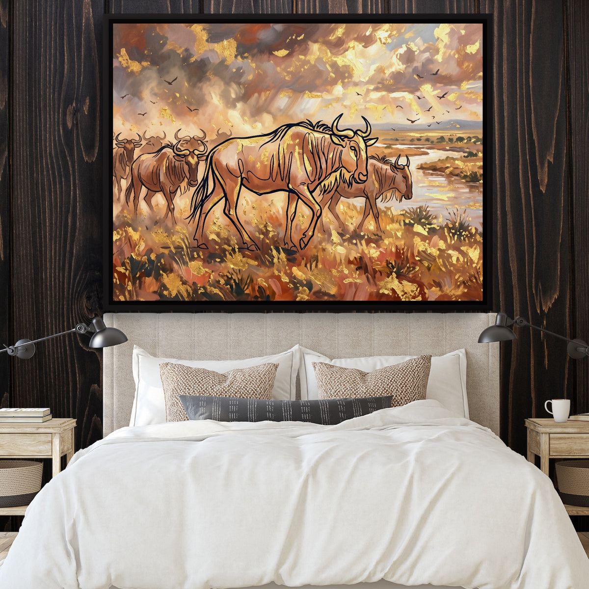 Wildebeest Golden Herd — wildebeest golden herd sq bedroom with wood walls 1land framed black