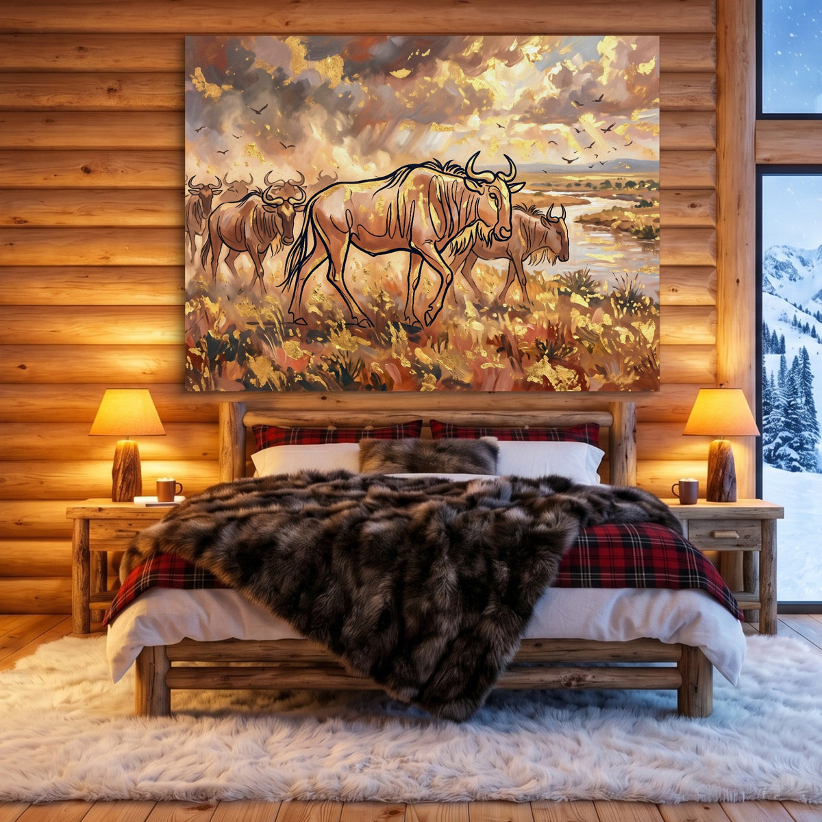 Wildebeest Golden Herd — wildebeest golden herd sq cozy cabin 1land flush print