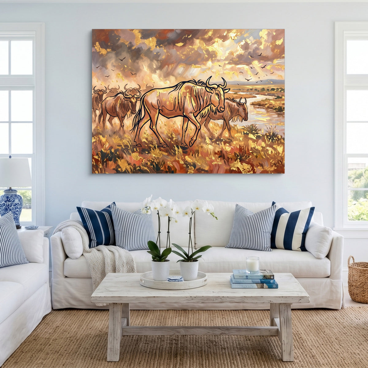 Wildebeest Golden Herd — wildebeest golden herd sq cute livingroom 1land flush print