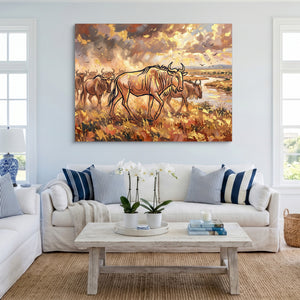 Wildebeest Golden Herd — wildebeest golden herd sq cute livingroom 1land flush print