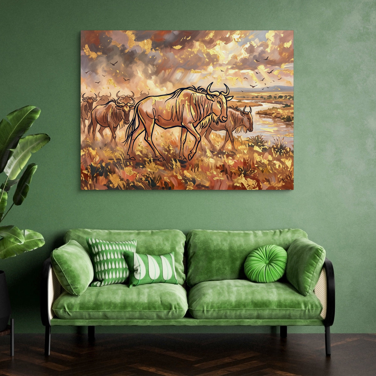 Wildebeest Golden Herd — wildebeest golden herd sq green couch 1land flush print