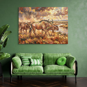 Wildebeest Golden Herd — wildebeest golden herd sq green couch 1land flush print