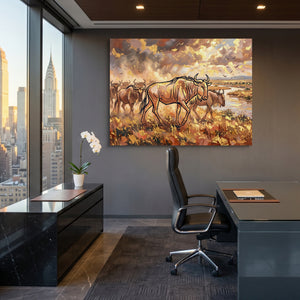 Wildebeest Golden Herd — wildebeest golden herd sq office view 1land flush print