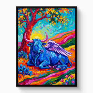 Winged Blue Cow — winged blue cow white studio framed black