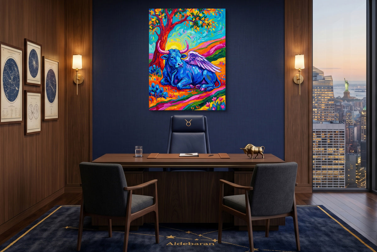 Winged Blue Cow — winged blue cow office with city view 1port flush print