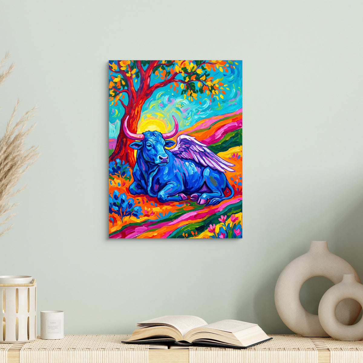 Winged Blue Cow — winged blue cow sq book table 1port flush print