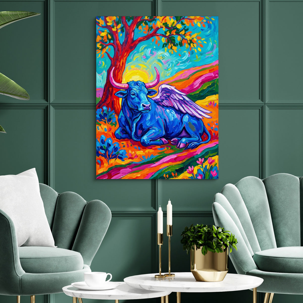 Winged Blue Cow — winged blue cow sq green luxury rom 1port flush print