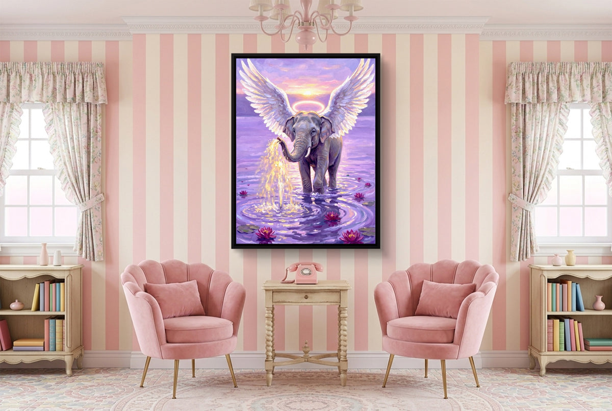 Winged Elephant Ascent — winged elephant ascent pink living room interior 1port framed black
