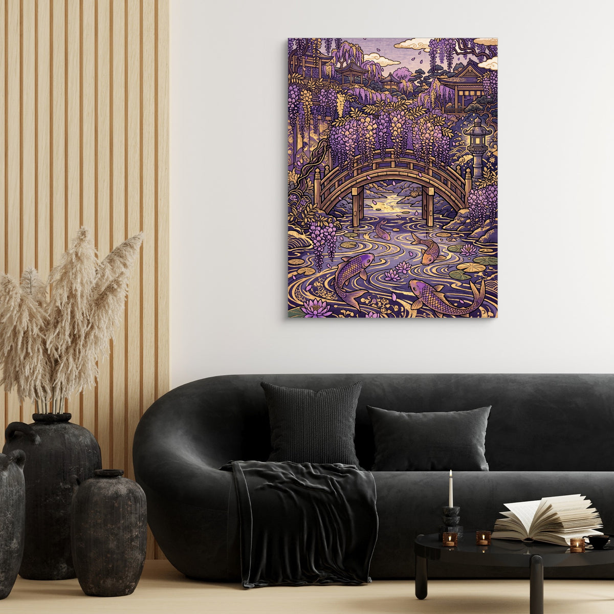 Wisteria Garden Bridge — wisteria garden bridge sq black couch and wood walls 1port flush print