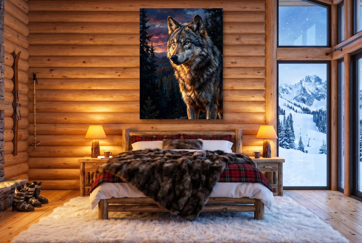 Wolf at Twilight — wolf at twilight bedroom with fireplace 1port flush print