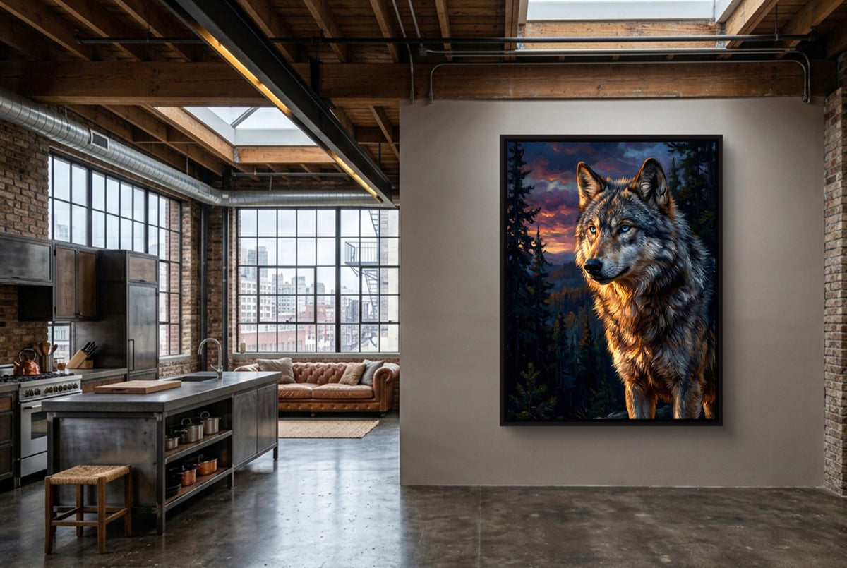 Wolf at Twilight — wolf at twilight kitchen interior with island 1port framed black