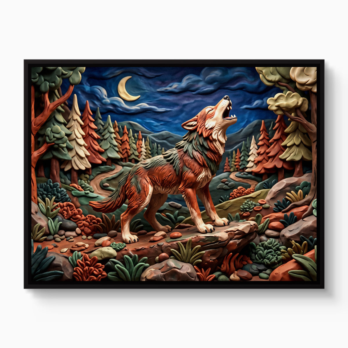 Wolf Howling Night — wolf howling night white studio framed black