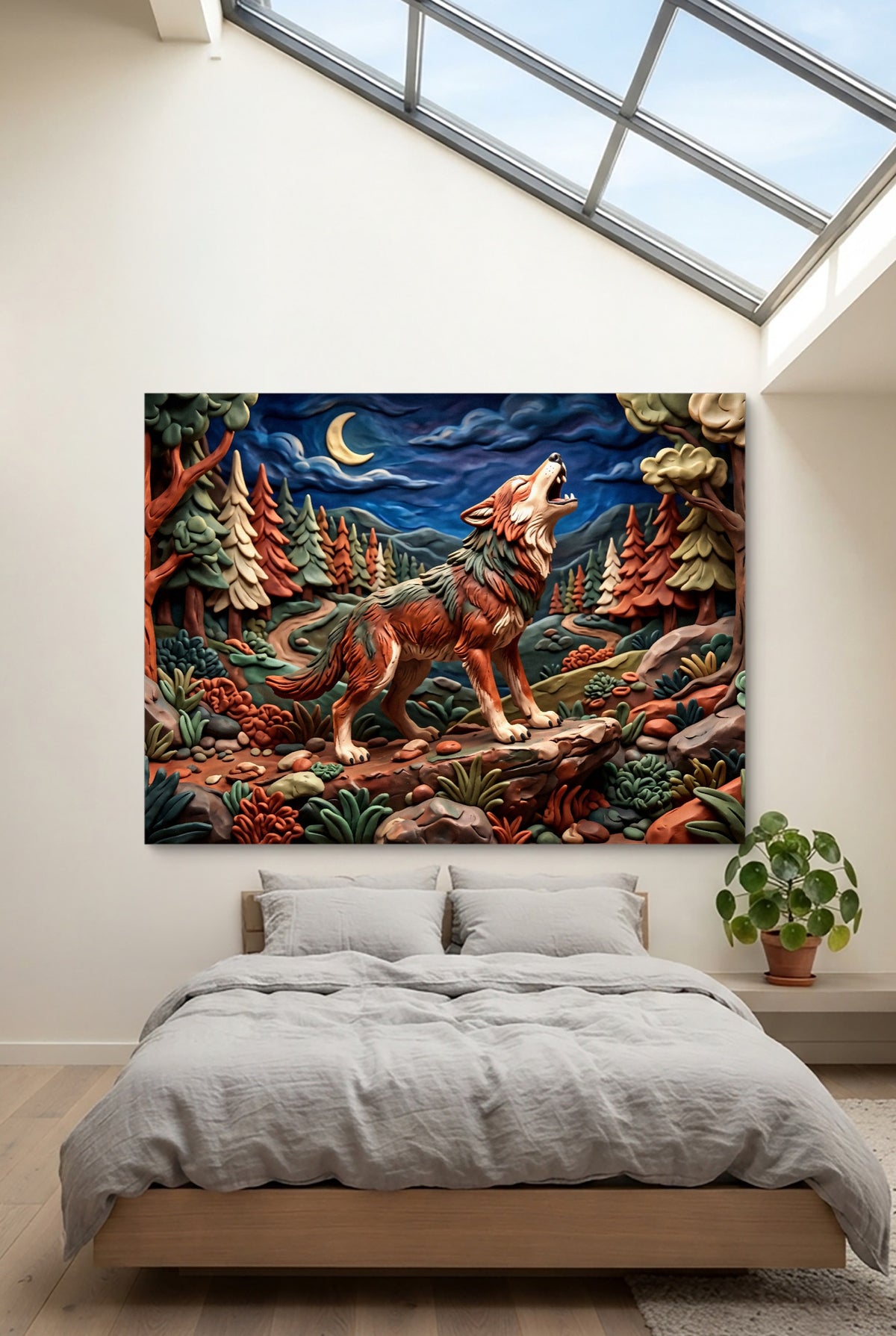 Wolf Howling Night — wolf howling night p bedroom with loft 1land flush print