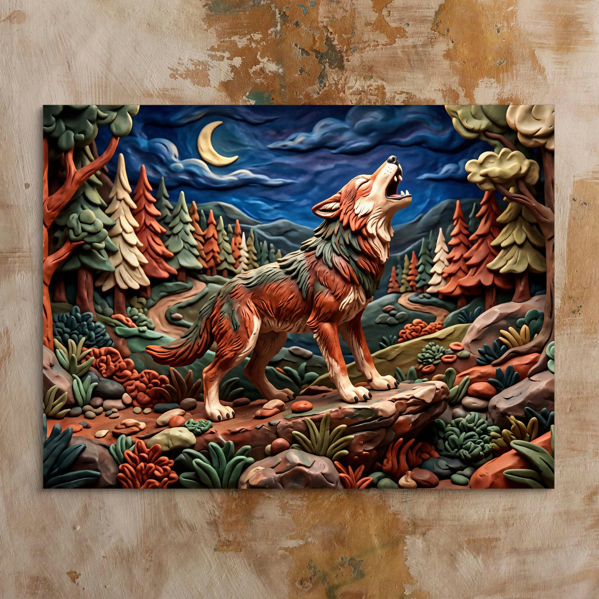Wolf Howling Night — wolf howling night sq bed 1 clay beige 1land flush print