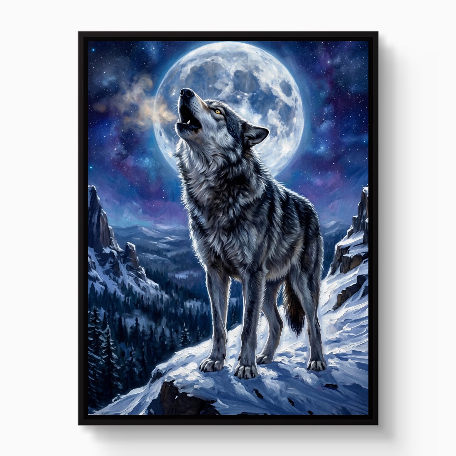 Wolf on Winter Ridge — wolf on winter ridge white studio framed black