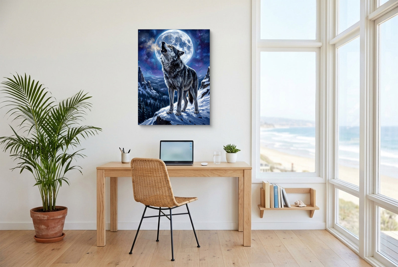 Wolf on Winter Ridge — wolf on winter ridge white studio framed black