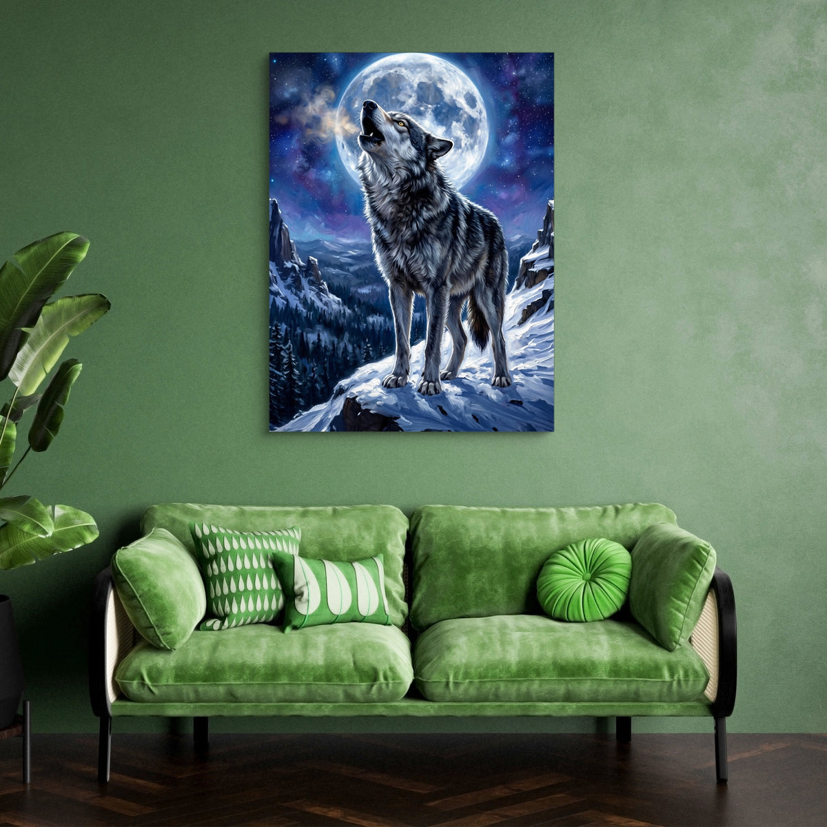 Wolf on Winter Ridge — wolf on winter ridge sq green couch 1port flush print
