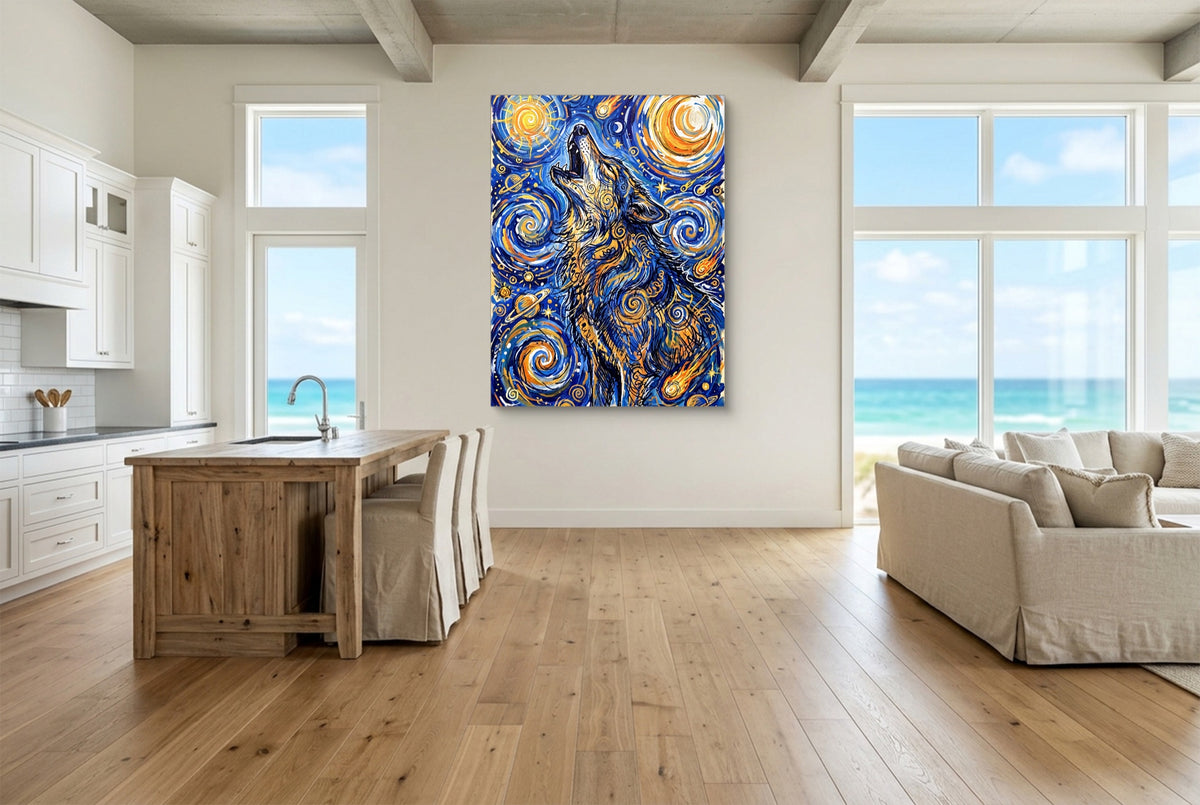 Wolf Over Starry Night — wolf over starry night living room with ocean view 2 1port flush print