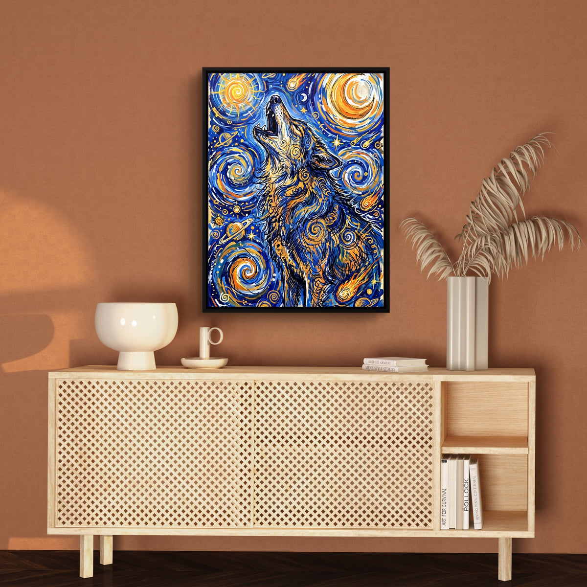 Wolf Over Starry Night — wolf over starry night sq brown wall 1port framed black