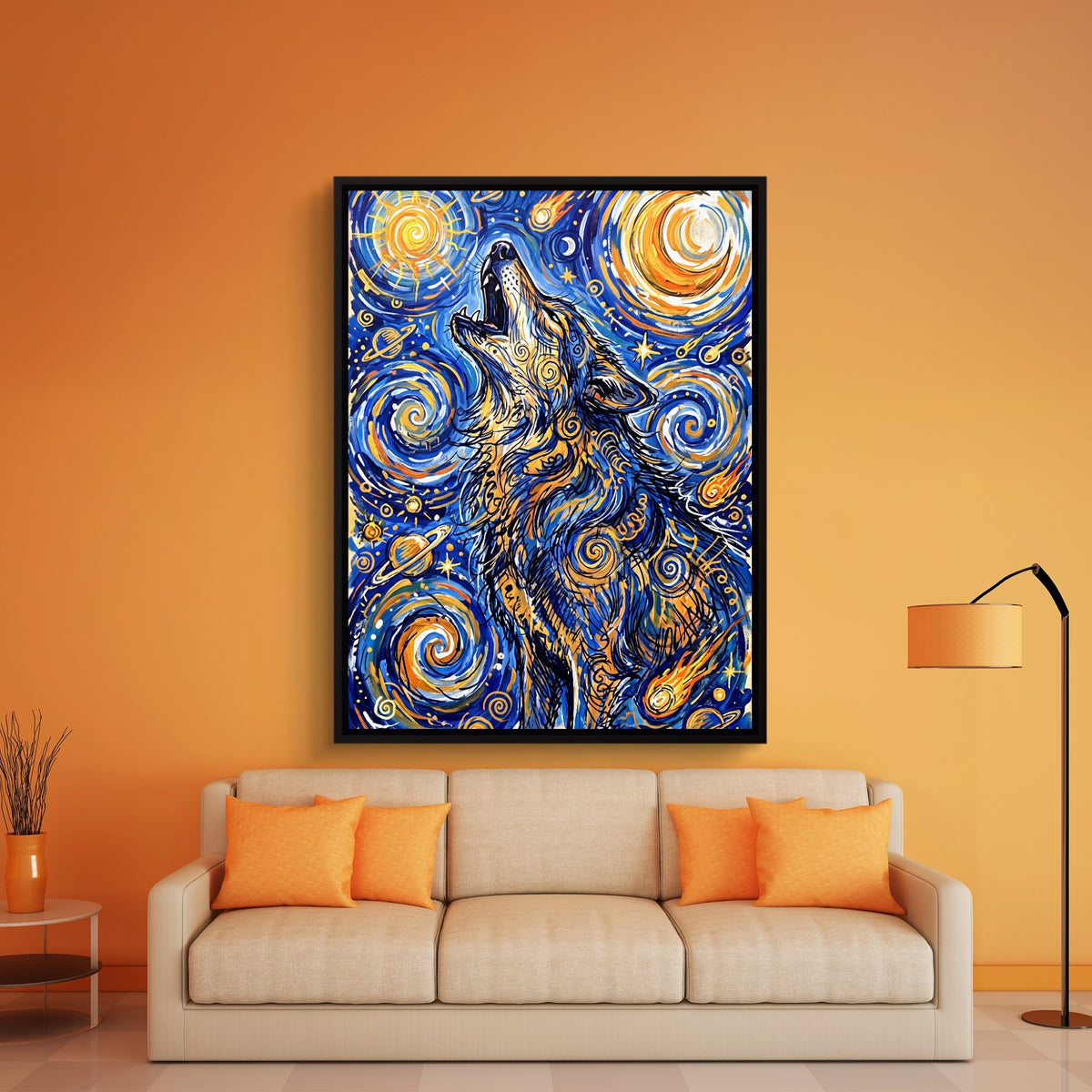 Wolf Over Starry Night — wolf over starry night sq orange room 1port framed black