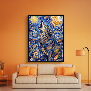 Wolf Over Starry Night — wolf over starry night sq orange room 1port framed black