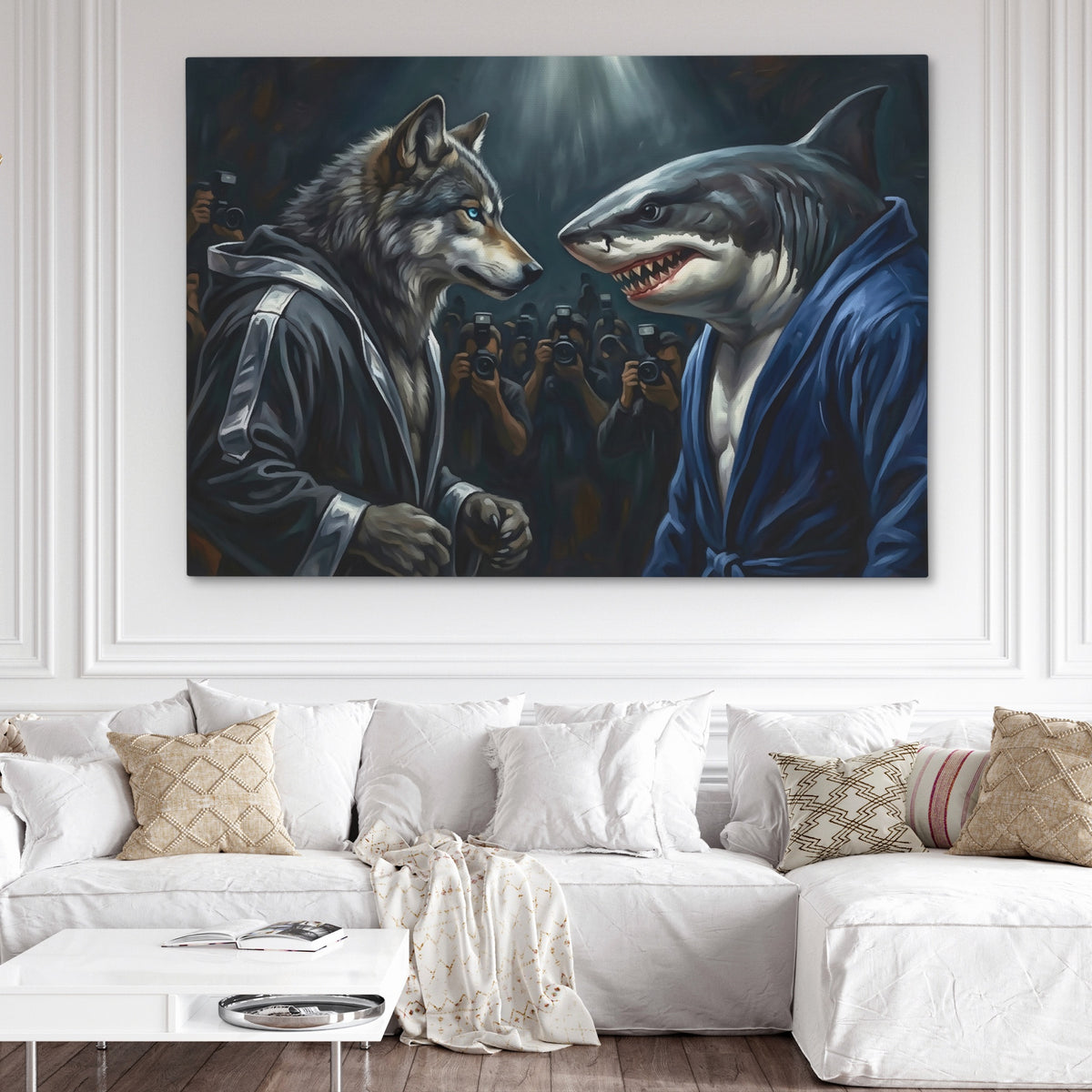 Wolf Shark Confrontation — Wolf Shark Confrontation White Couch and Wall 209