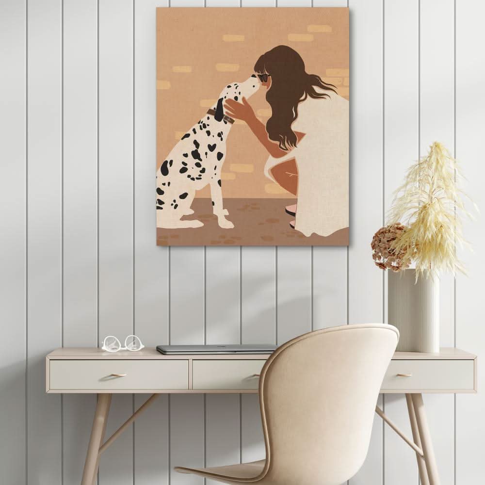 Woman and Dalmatian - Modern Brown Canvas Wall Art