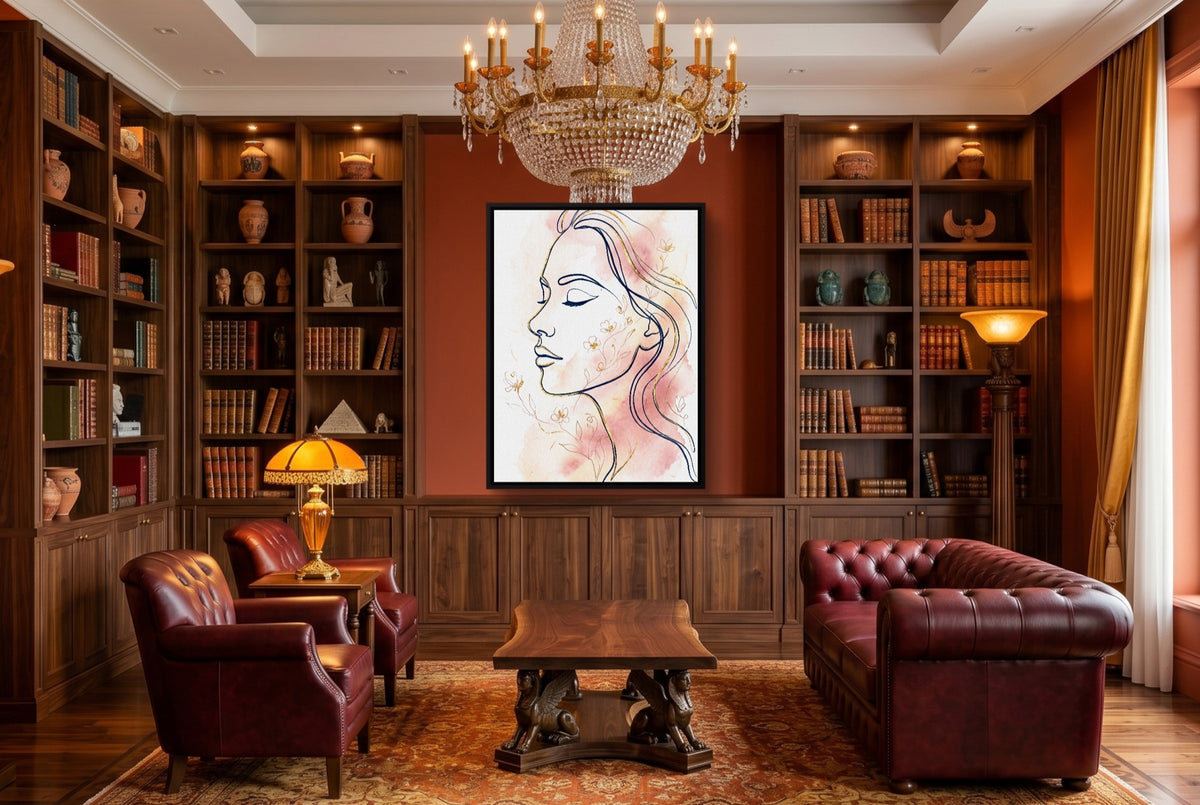 Woman Blushing Serenity — woman blushing serenity living room interior 2 1port framed black