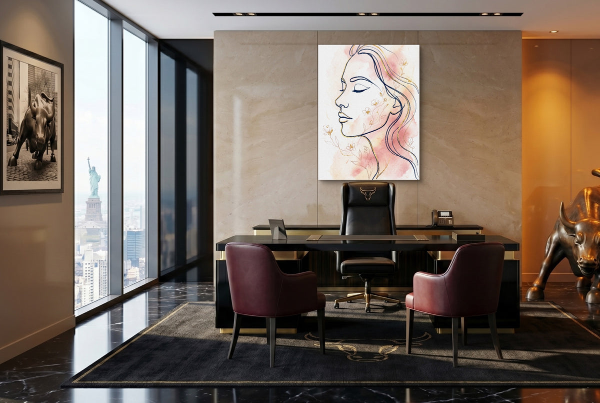 Woman Blushing Serenity — woman blushing serenity office with desk and chairs 2 1port flush print