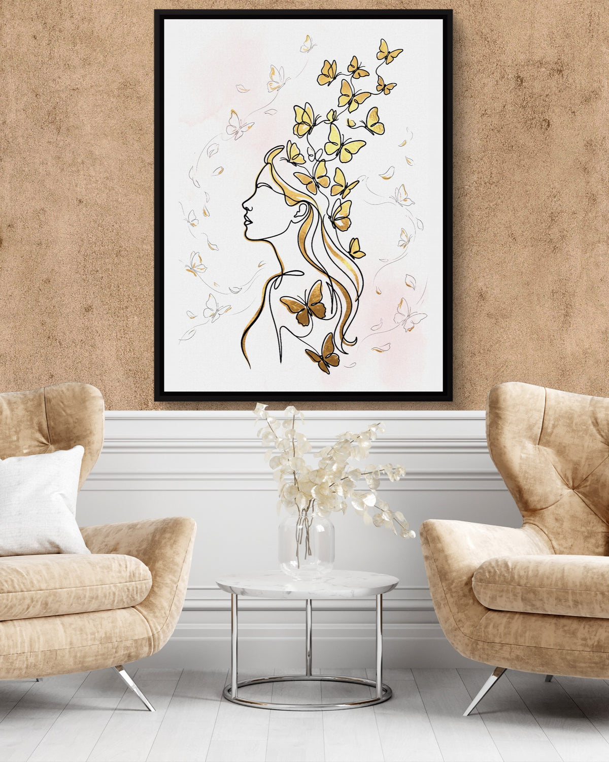 Woman Golden Flight — woman golden flight psd clay wall tan chairs 1port framed black