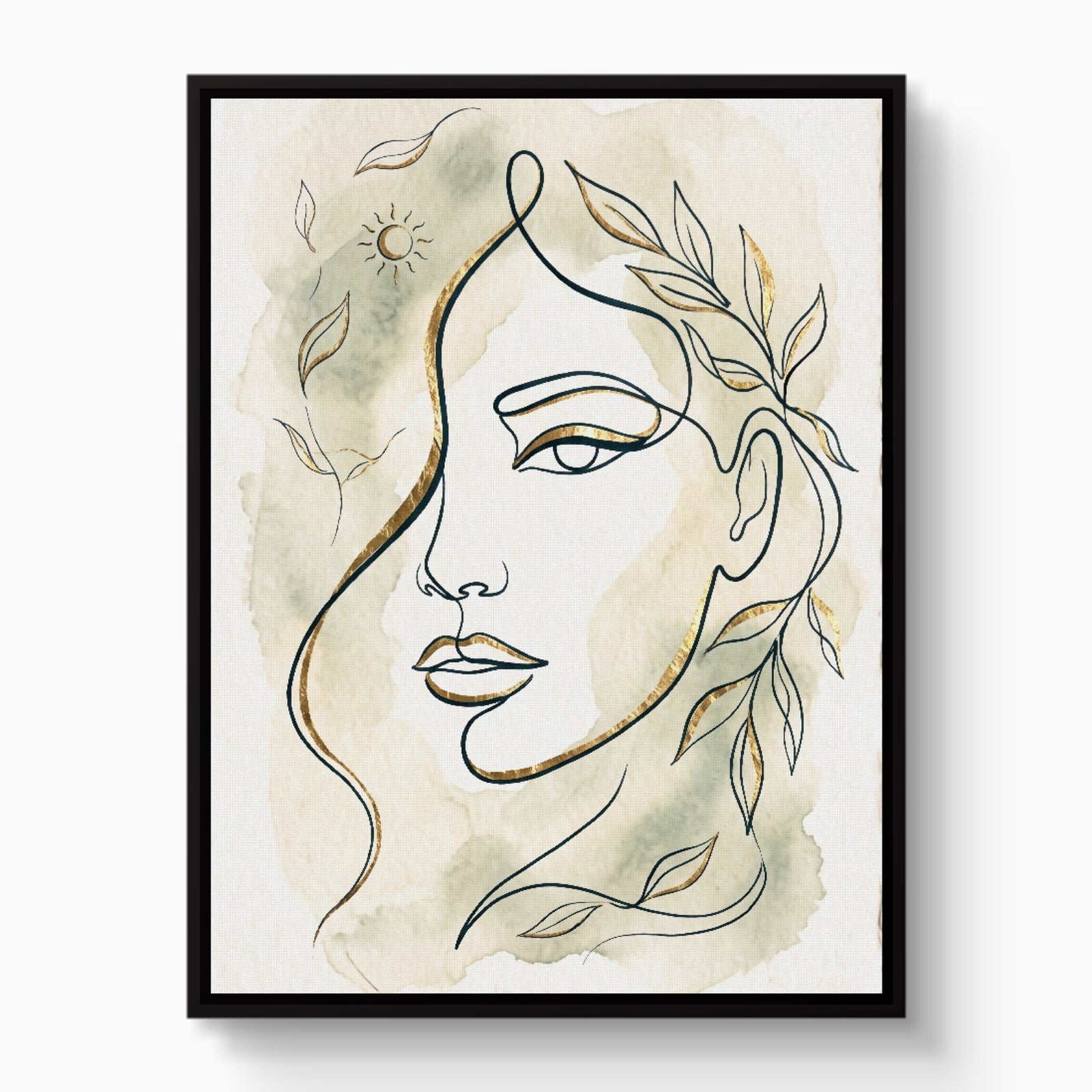 Woman Golden Leaves — woman golden leaves white studio framed black