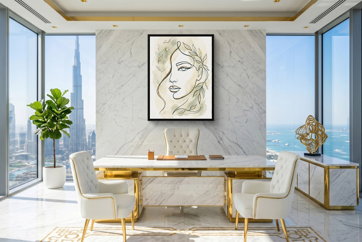 Woman Golden Leaves — woman golden leaves office with city view 2 1port framed black