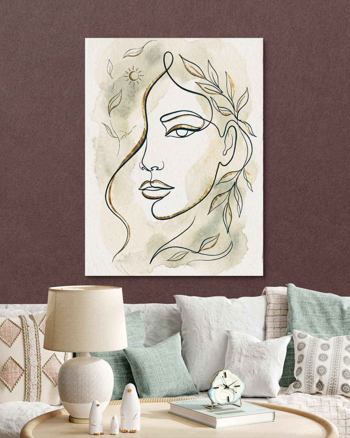 Woman Golden Leaves — woman golden leaves psd burgundy clock couch 1port flush print