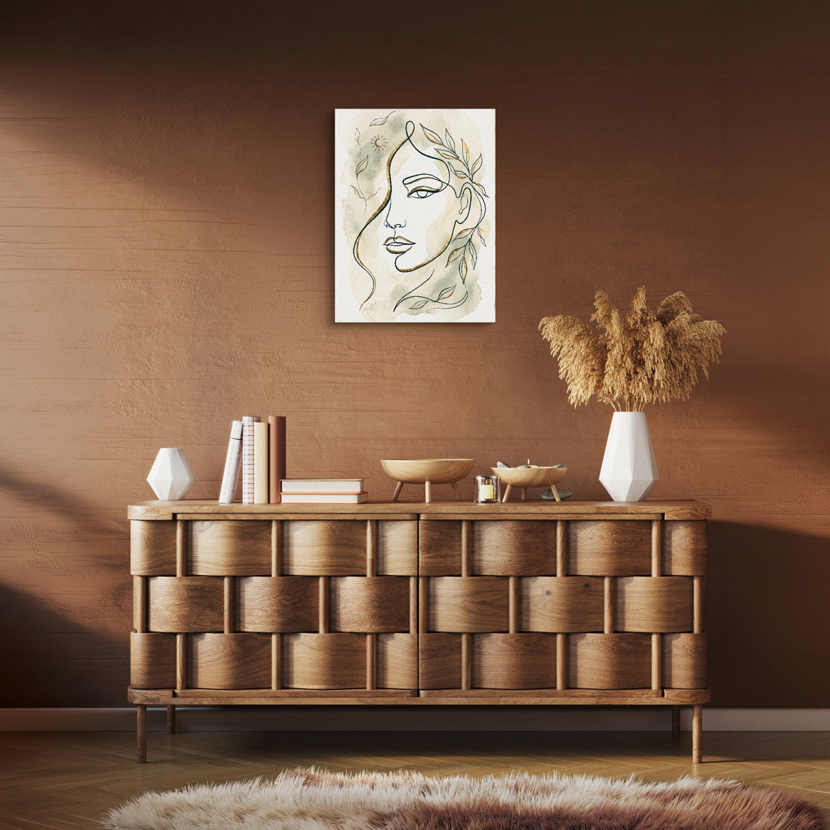 Woman Golden Leaves — woman golden leaves sq brown room clean 1port flush print