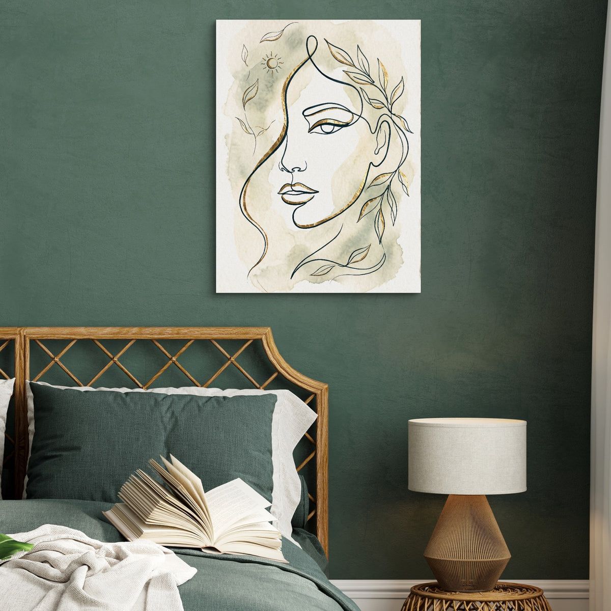 Woman Golden Leaves — woman golden leaves sq green bed 1port flush print