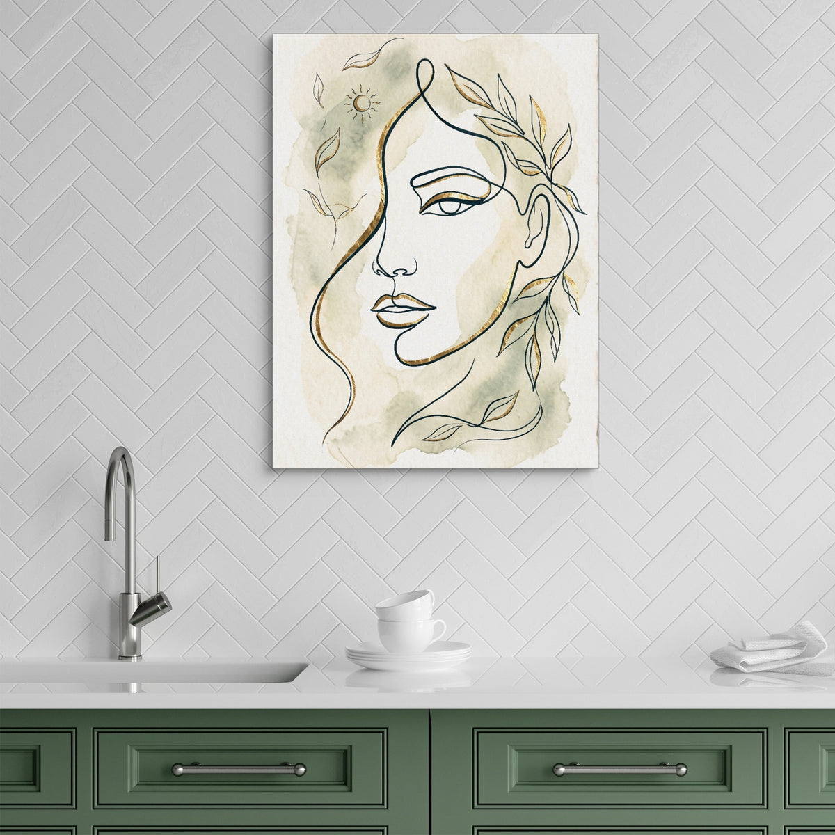 Woman Golden Leaves — woman golden leaves sq green kitchen 1port flush print