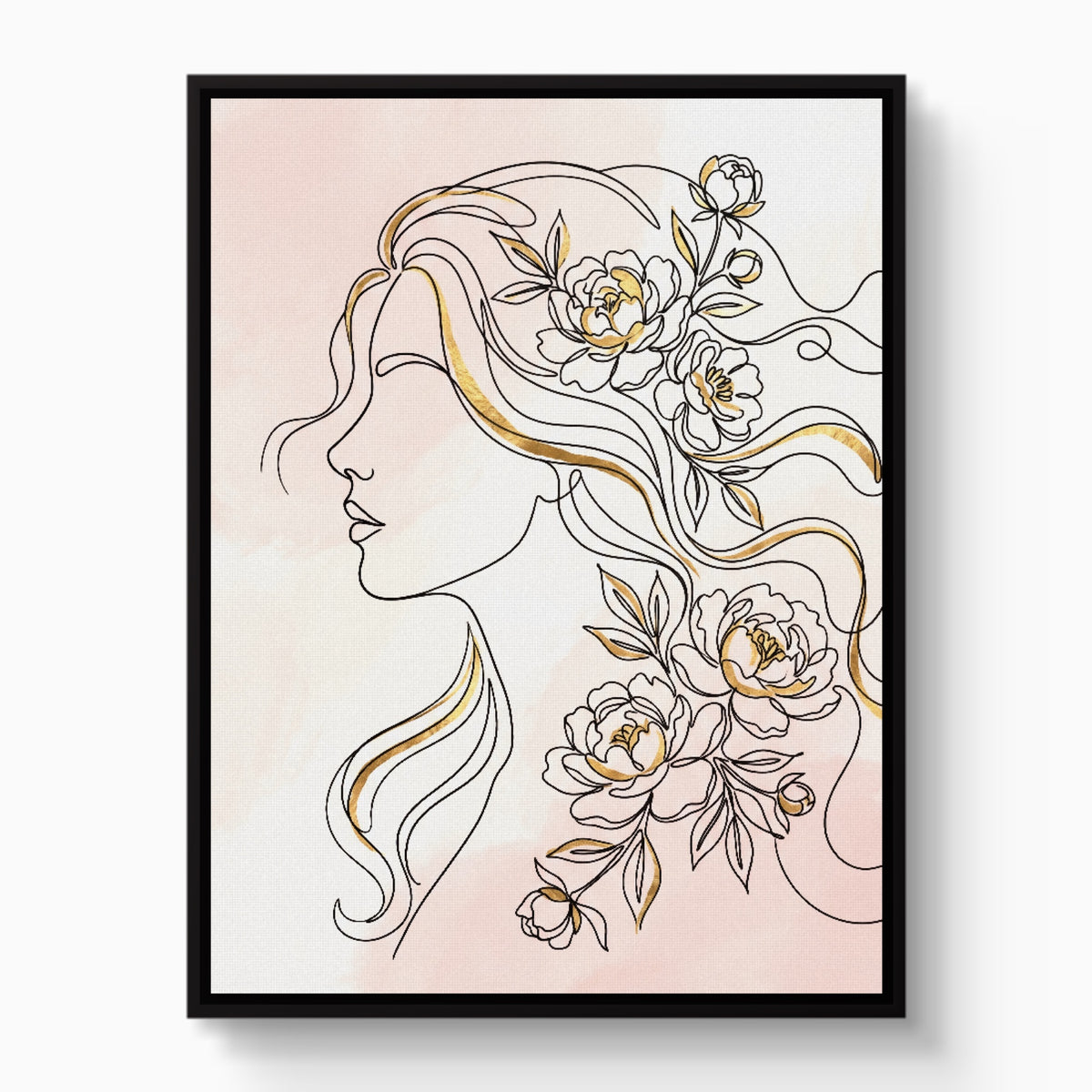 Woman Golden Peonies — woman golden peonies white studio framed black