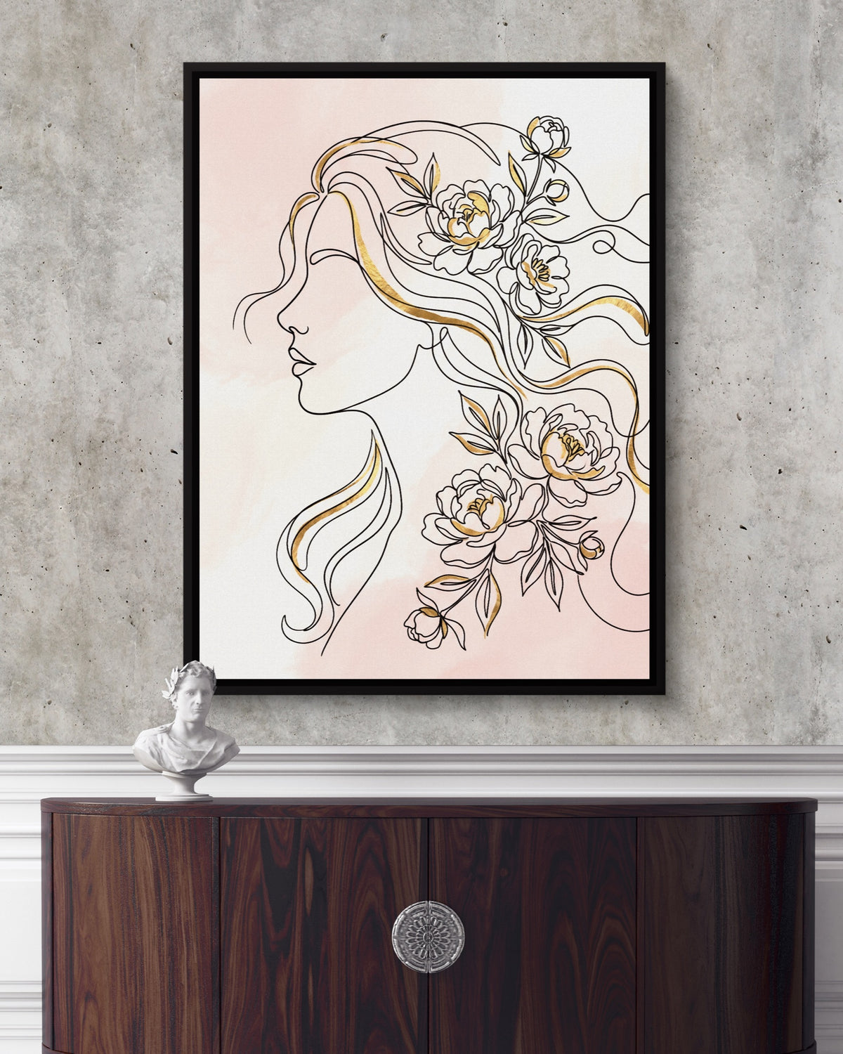Woman Golden Peonies — woman golden peonies psd light cement dark console 1port framed black