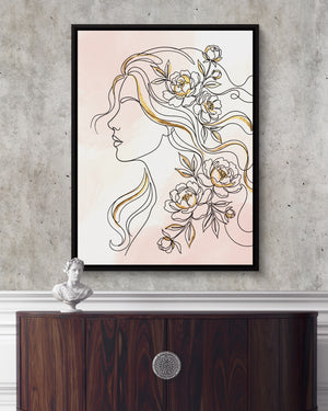 Woman Golden Peonies — woman golden peonies psd light cement dark console 1port framed black